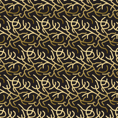 Seamless pattern with golden shapes on black background. Template for design in ethnic style.