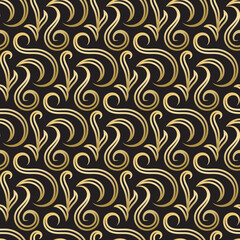Seamless pattern with golden decorative shapes on black background. Template for design in vintage style.