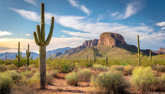 a large saguaro cactus dominates this arid sonoran desert landscape