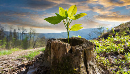 young tree emerging from old tree stump