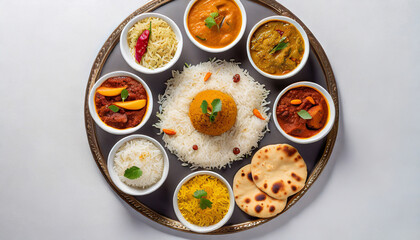 overhead shot of a mouth watering indian thali with various curries rice and naan arranged in a circular pattern isolated on a white background