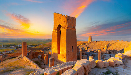 ruins of the ancient city of harran urfa turkey mesopotamia at amazing sunset old astronomy tower - obrazy, fototapety, plakaty