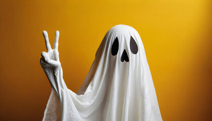 halloween white ghost showing peace sign gesture on yellow background