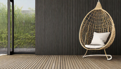 black plank wall terrace 3d render decorate with rattan swing chair 3d rendering