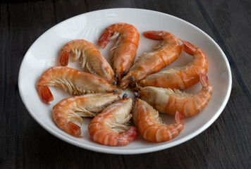 Grilled shrimps on a plate, Macrobrachium rosenbergii, freshwater shrimp