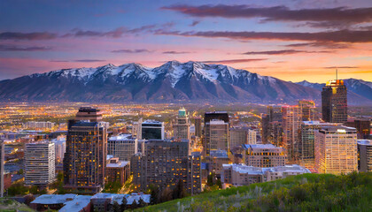 salt lake city skyline at sunset with wasatch mountains in the background utah - obrazy, fototapety, plakaty
