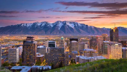 Wall murals Skyline salt lake city skyline at sunset with wasatch mountains in the background utah
