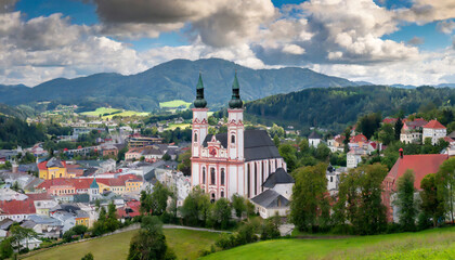 Obraz premium city of mariazell with famous mariazell basilica styria austria