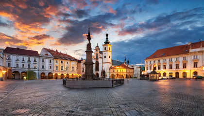 pardubice czech republic the center of the town square at dramatic sunset - obrazy, fototapety, plakaty