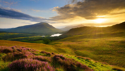 sunset over scottish highlands landscape with purple heather blooms green rolling hills lochs...