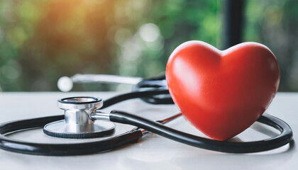 red heart and black stethoscope on white table health care love give hope and family concept world heart day world health day national organ donor day healthcare and medical insurance