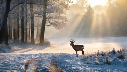 Fotobehang winter morning with deer © Art_me2541