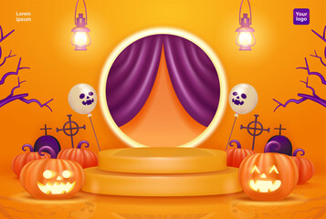 Halloween themed product podium, with laughing pumpkin, graveyard, tree branch, ghost balloon and lantern elements. 3d vector, suitable for big sales, discount products and advertisements