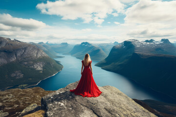 View from the top of the world, person standing and looking at majestic landscape