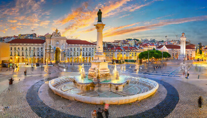 lisbon panorama of rossio square at sunrise lisboa portugal - obrazy, fototapety, plakaty