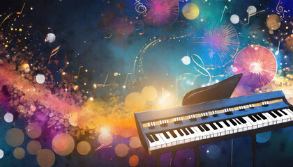 world music day banner with piano keyboard on abstract colorful dust background music day event and...