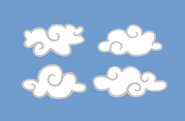 White clouds isolated on a blue background. Icon of wavy  childish clouds in blue sky. Vector illustration of shapes.