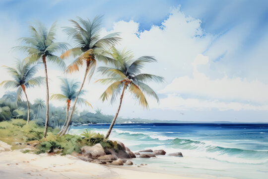 Watercolor painting of palm trees on the beach