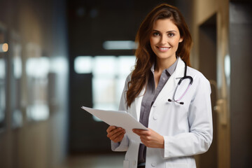 Woman doctor in white coat is holding documents - obrazy, fototapety, plakaty