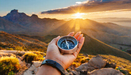 woman hand with magnetic compass in summer mountains at sunrise pov