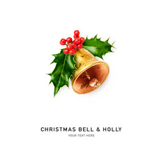 Christmas gold bell and holly leaves red berry isolated on white background.