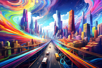 Fototapeta premium a city street filled with lots of colorful lights