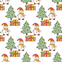 Seamless pattern with snowman in scarf and red hat, Christmas tree and gift boxes. Colorful vector illustration doodle hand drawn. New Years symbol, holiday element, white background