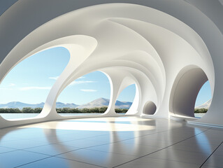 Abstract Curved Shapes. White Architecture Circular Background. Modern Building Design. 3D Rendering.