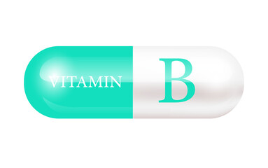 Capsule vitamin B (Thiamine) structure green, white. Vitamin complex with chemical formula. Drug business concept. Personal care, beauty concept. 3D Vector Illustration. Cut out PNG	
