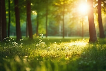 Morning sun rays and green grass landscape