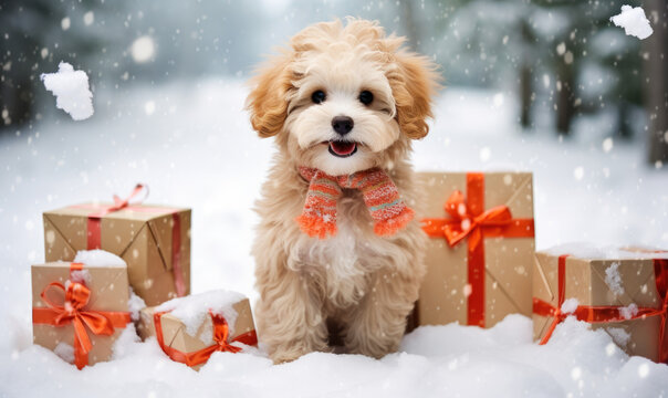 Yorkshire Terrier dog with Christmas gifts background
