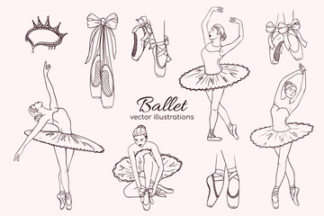Hand drawn sketch ballet set. Shapes of ballerina, pointe shoe and dress. Linear brush sketch with shadow silhouettes. Pastel contour drawing templates. © SERHII