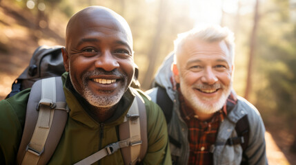 Active retired interracial male couple hiking outdoors - obrazy, fototapety, plakaty