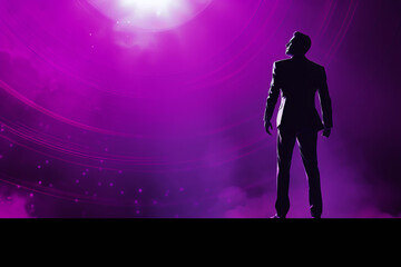 Actor silhouette standing on the purple stage - obrazy, fototapety, plakaty