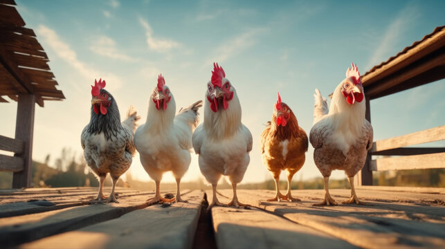 groupe de poules les unes contre les autres vu de face sur les planches de leur poulailler 