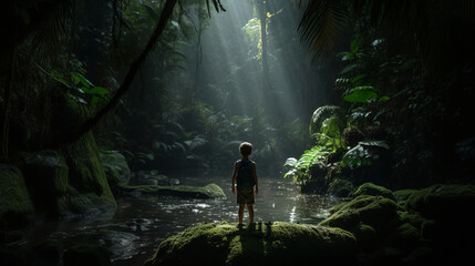 Adventurous boy is exploring unknown forest - obrazy, fototapety, plakaty