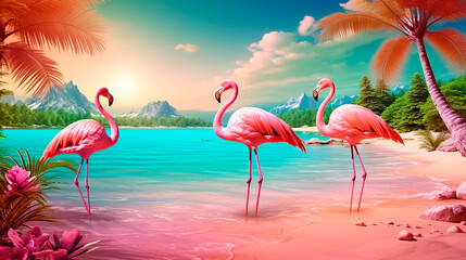 Flamingo on the seashore. Generative AI,