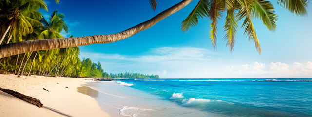 Beautiful beach ocean and palm trees. Generative AI,