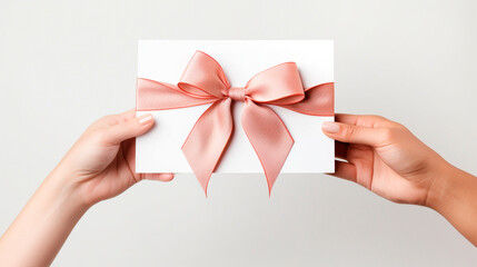 Blank white sheet of paper with a silk ribbon gift bow held in female hands. Generative AI,