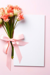 Blank white sheet of paper with a silk ribbon gift bow. Generative AI,