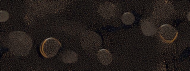 Seamless tiny golden beads, polka dots pattern. Vintage abstract gold plated halftone circles relief, black background. Modern elegant luxury backdrop. Maximalist gilded wallpaper - obrazy, fototapety, plakaty