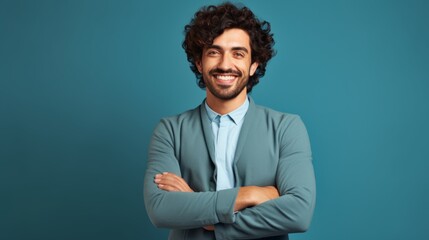 Fototapeta premium Smiling Adult Persian Man with Brown Curly Hair Photo. Portrait of Business Person on Solid Background. Photorealistic Ai Generated Horizontal Illustration.