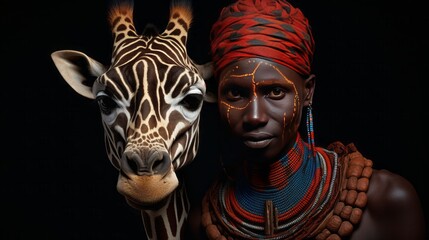 tribal portrait with giraffe, copy space, 16:9