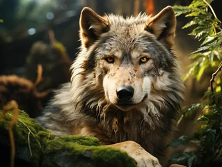 Keuken spatwand met foto A wolf in the forest standing. © cendeced