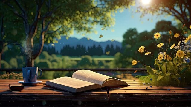 book in the garden  with cartoon or anime style. seamless looping time-lapse virtual 4k video animation background.