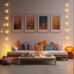 a modern minimal indian living room, decorated for diwali, sofa, side tables, fairy lights, lamps and diyas, realistic image, photographic image