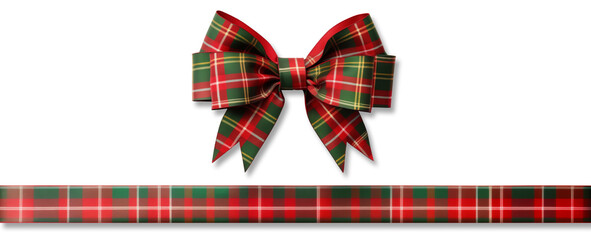 Green-red plaid ribbon and bow ribbon with isolated against transparent background. Christmas and happy birthday concept