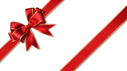 Red bow ribbon with gold pattern and red ribbon with isolated against transparent background. Christmas and happy birthday concept