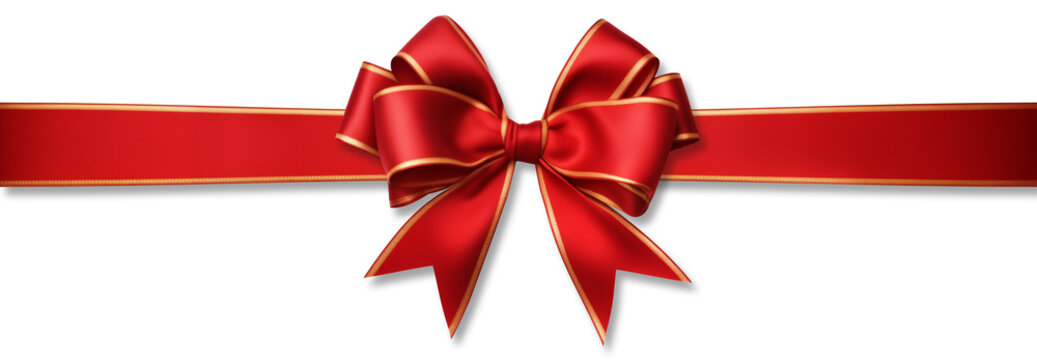 Red bow ribbon with gold pattern and red ribbon with isolated against transparent background. Christmas and happy birthday concept