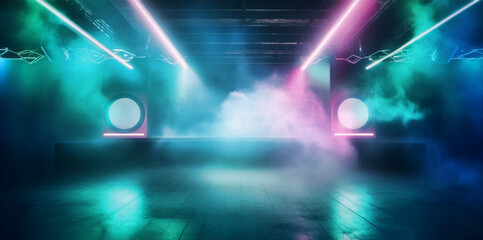 Naklejka premium Dark empty scene, blue neon searchlight light, smoke, rays.